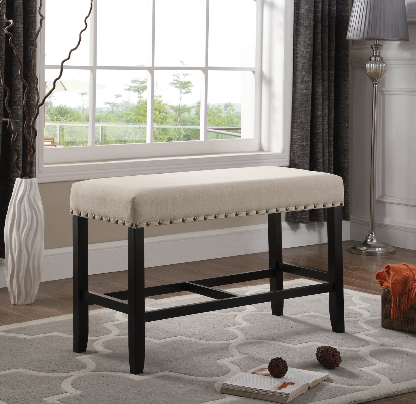 Biony Fabric Counter Height Dining Bench with Nailhead Trim, Tan