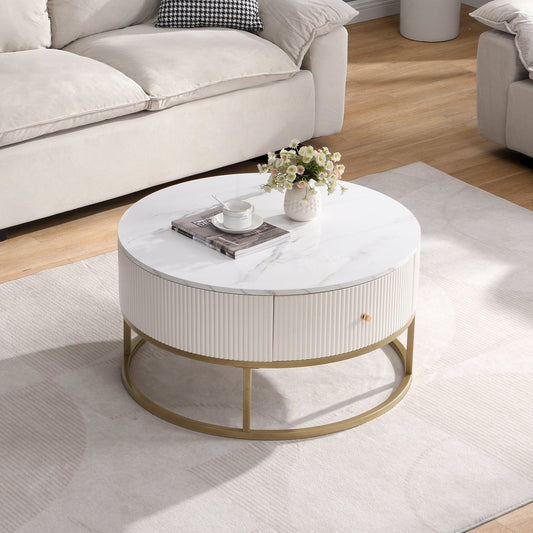 31.5 Inch Modern Round Coffee Table with Drawers, Faux MarbleTable with Storage, Coffee Table for Living Room SolidRoot Buy Furniture USA