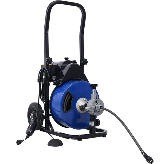 Commercial Sewer Snake Drill Drain Auger Cleaner Cable 60-Feet Long 1/2' (4)-Cutter Set & Foot Switch with Wheel SolidRoot Buy Furniture USA