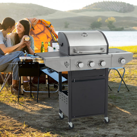 Propane Grill 3 Burner Barbecue Grill Stainless Steel Gas Grill with Side Burner, 37,000 BTU Outdoor Cooking, Patio, Garden Barbecue Grill, Black and Silver SolidRoot Buy Furniture USA