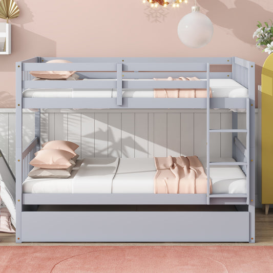 Full Over Full Rubber Wood Bunk Bed with Trundle, Ladder and Guardrails, Convertible to 2 Full Size Beds, with Twin Size Trundle,Light Grey SolidRoot Buy Furniture USA