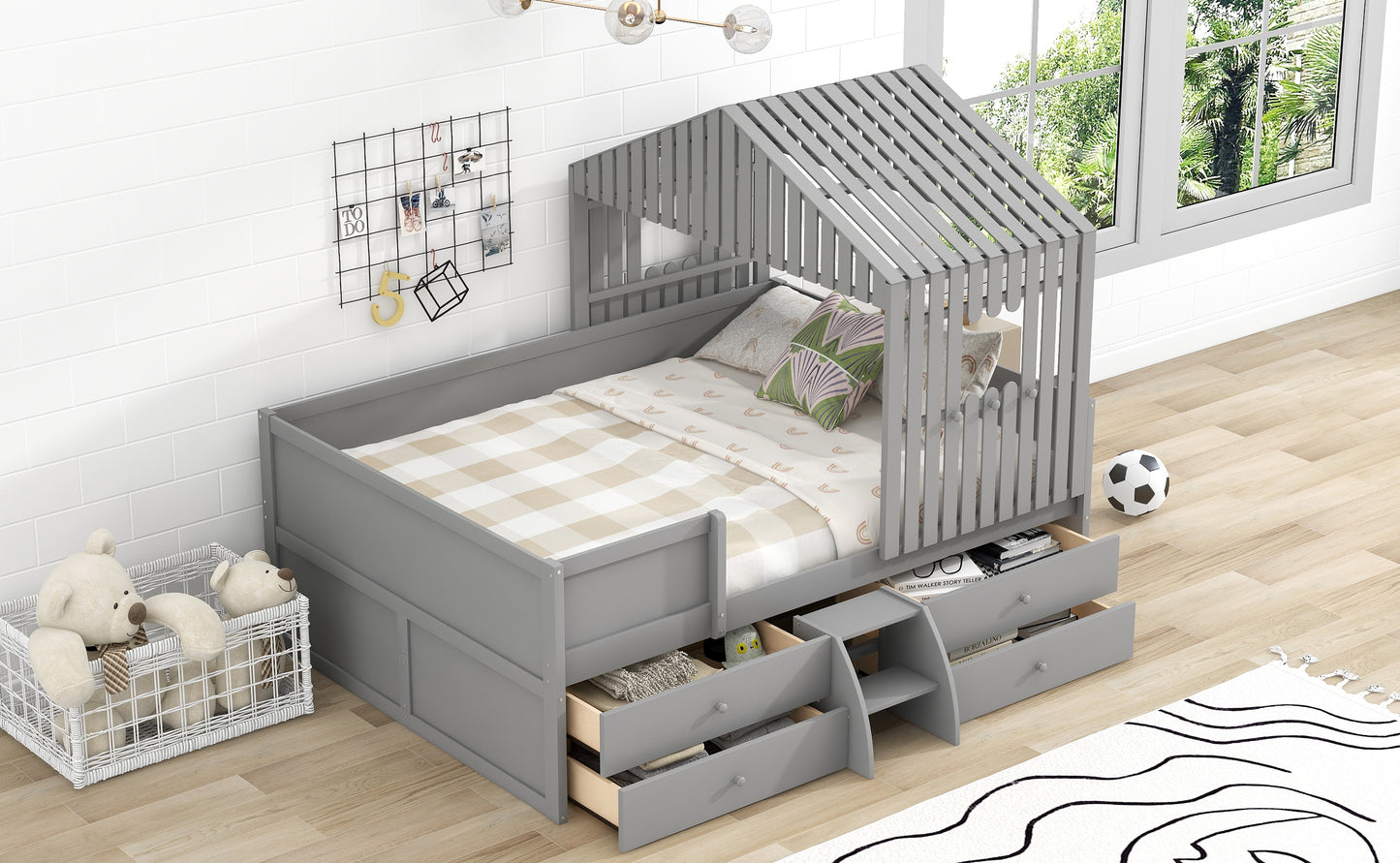 Full Size House Low Loft Bed with Four Drawers,Gray