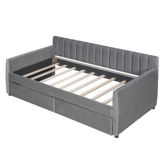 Twin Size Upholstered daybed with Drawers, Wood Slat Support, Gray - SolidRoot Buy Furniture USA