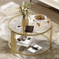 Modern Glass Coffee Table in 31.5", Asymmetrical Metal, Circular Metal Drum Base, Gold Finish & Lower Shelf Livingsource