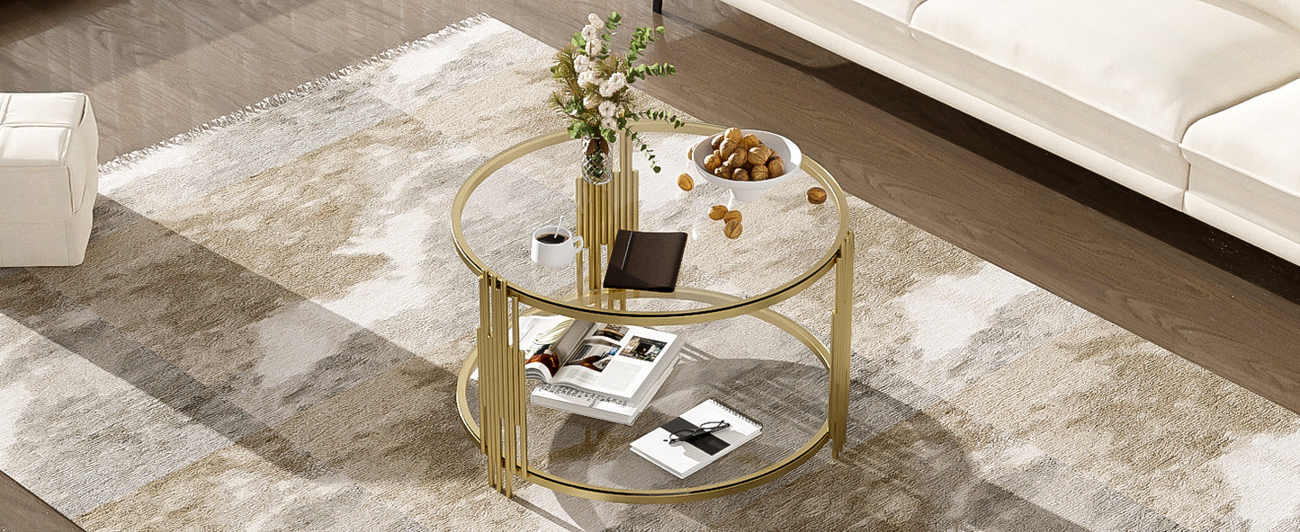 Modern Glass Coffee Table in 31.5", Asymmetrical Metal, Circular Metal Drum Base, Gold Finish & Lower Shelf