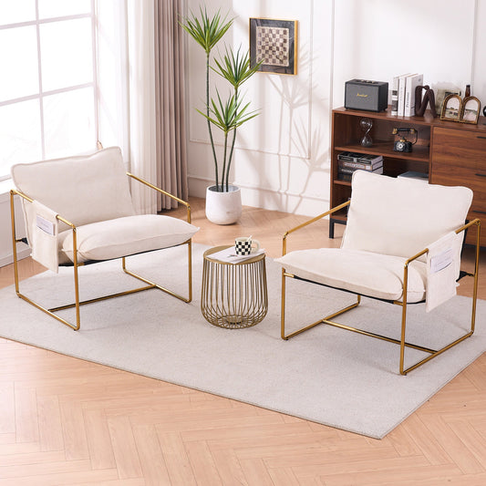 2 Chairs in 1 Box, Upholstered Hanging Armchair with Arm PocketsMetal frame, gold-plated craftsmanship, crushed foam cushions and skin-friendly woven fabric for living room and bedroom. Beige Livingsource