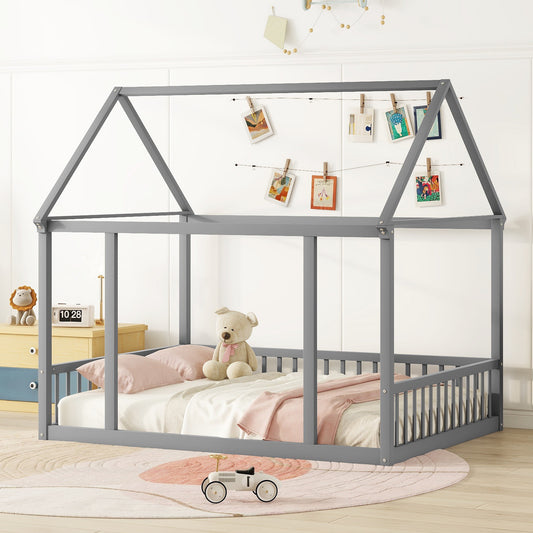Full Size Floor Wooden Bed with House Roof Frame and Safety Guardrails ,Gray
