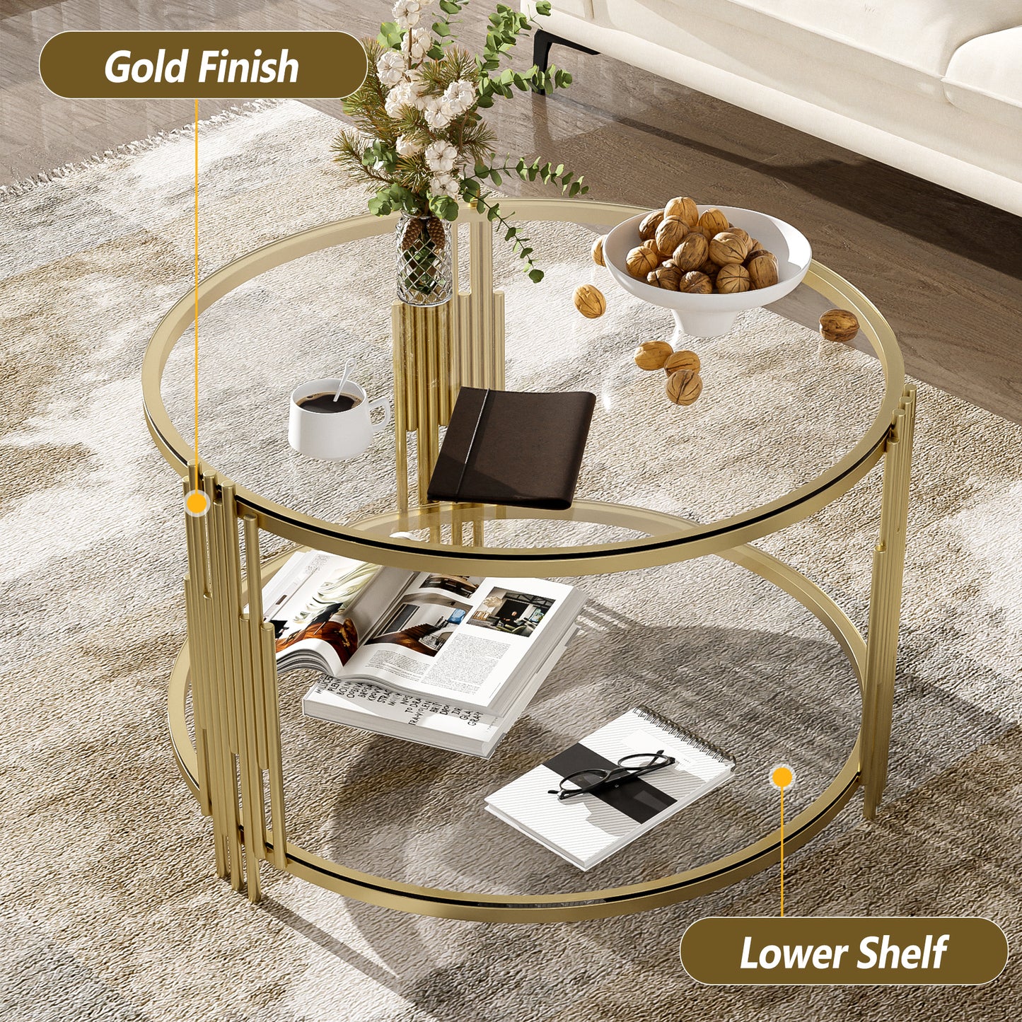 Modern Glass Coffee Table in 31.5", Asymmetrical Metal, Circular Metal Drum Base, Gold Finish & Lower Shelf