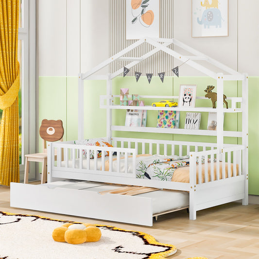 Wooden Twin Size House Bed with Trundle,Kids Bed with Shelf, White - SolidRoot Buy Furniture USA