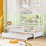 Wooden Twin Size House Bed with Trundle,Kids Bed with Shelf, White - SolidRoot Buy Furniture USA