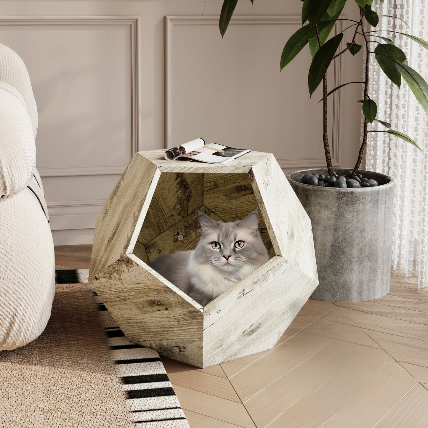 25.98'' Modern Pet Furniture Cat Carrier , Sofa Side Table, Planter MDF Multifunctional Furniture, Colored Flower Oak SolidRoot Buy Furniture USA