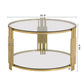 Modern Glass Coffee Table in 31.5", Asymmetrical Metal, Circular Metal Drum Base, Gold Finish & Lower Shelf Livingsource
