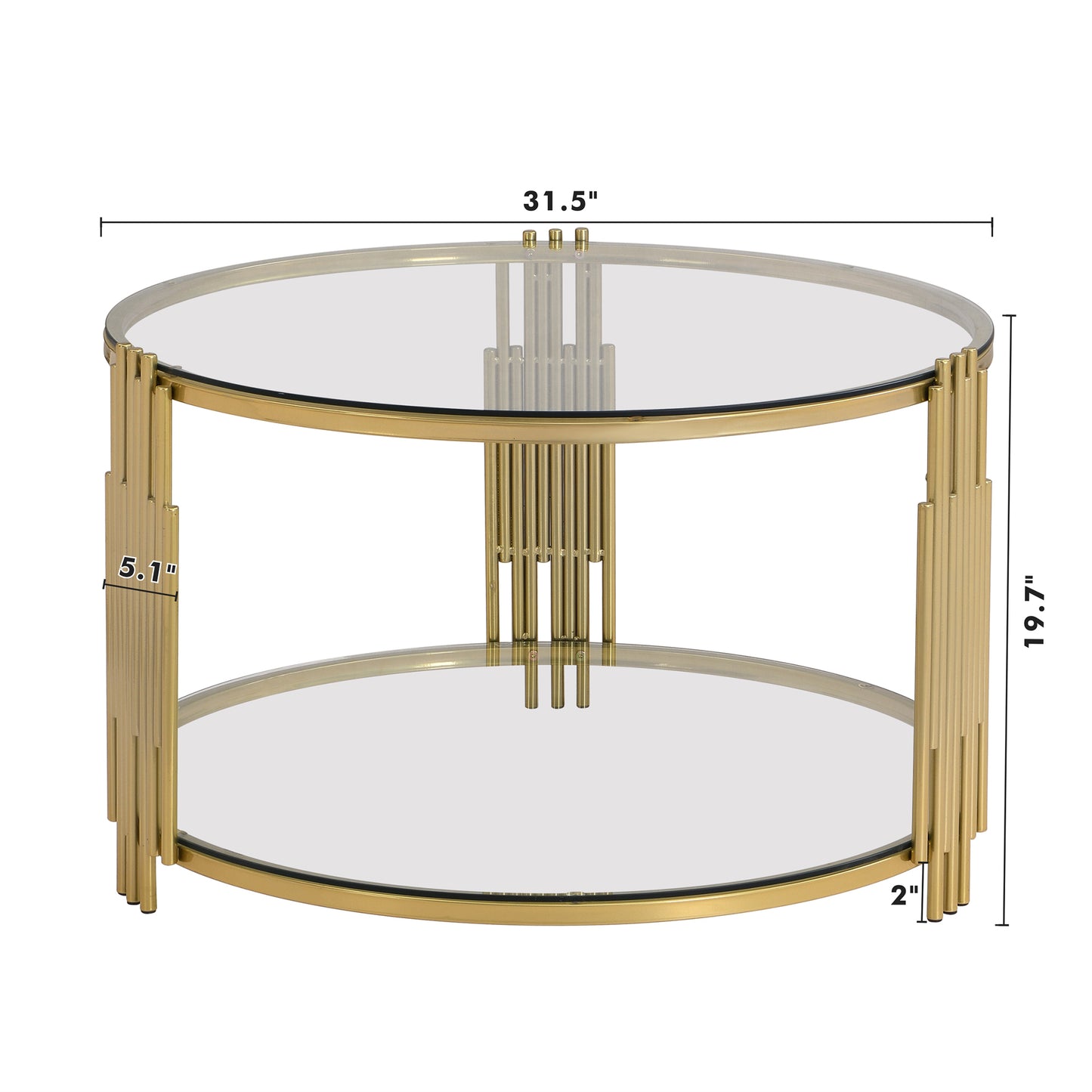 Modern Glass Coffee Table in 31.5", Asymmetrical Metal, Circular Metal Drum Base, Gold Finish & Lower Shelf