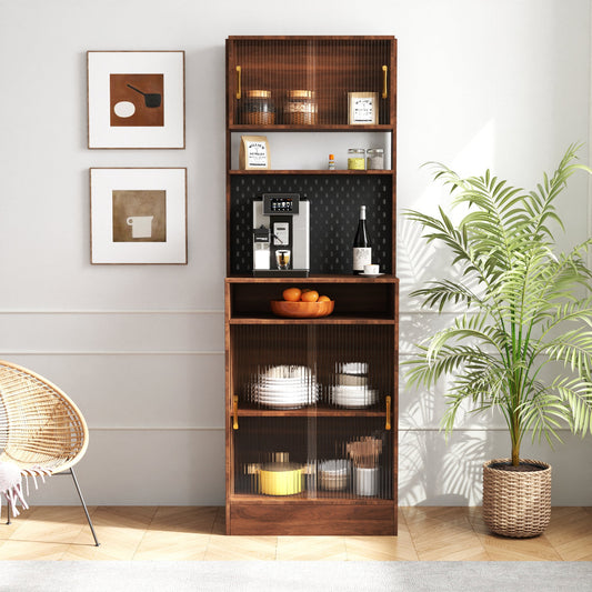 Kitchen Pantry Sideboard with 2 Sliding Striped Glass Doors, Freestanding Countertop Storage Cabinet for Bottles, Wine, Coffee machine, Microwave oven, and so on SolidRoot Buy Furniture USA