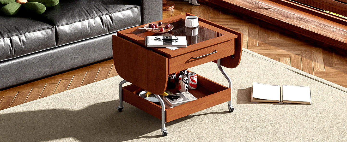 Modern Extended Coffee Table with Wheels, Folding Coffee Table with 1 drawer and 2-Tier Storage, Metal Frame Coffee Table for Living Room