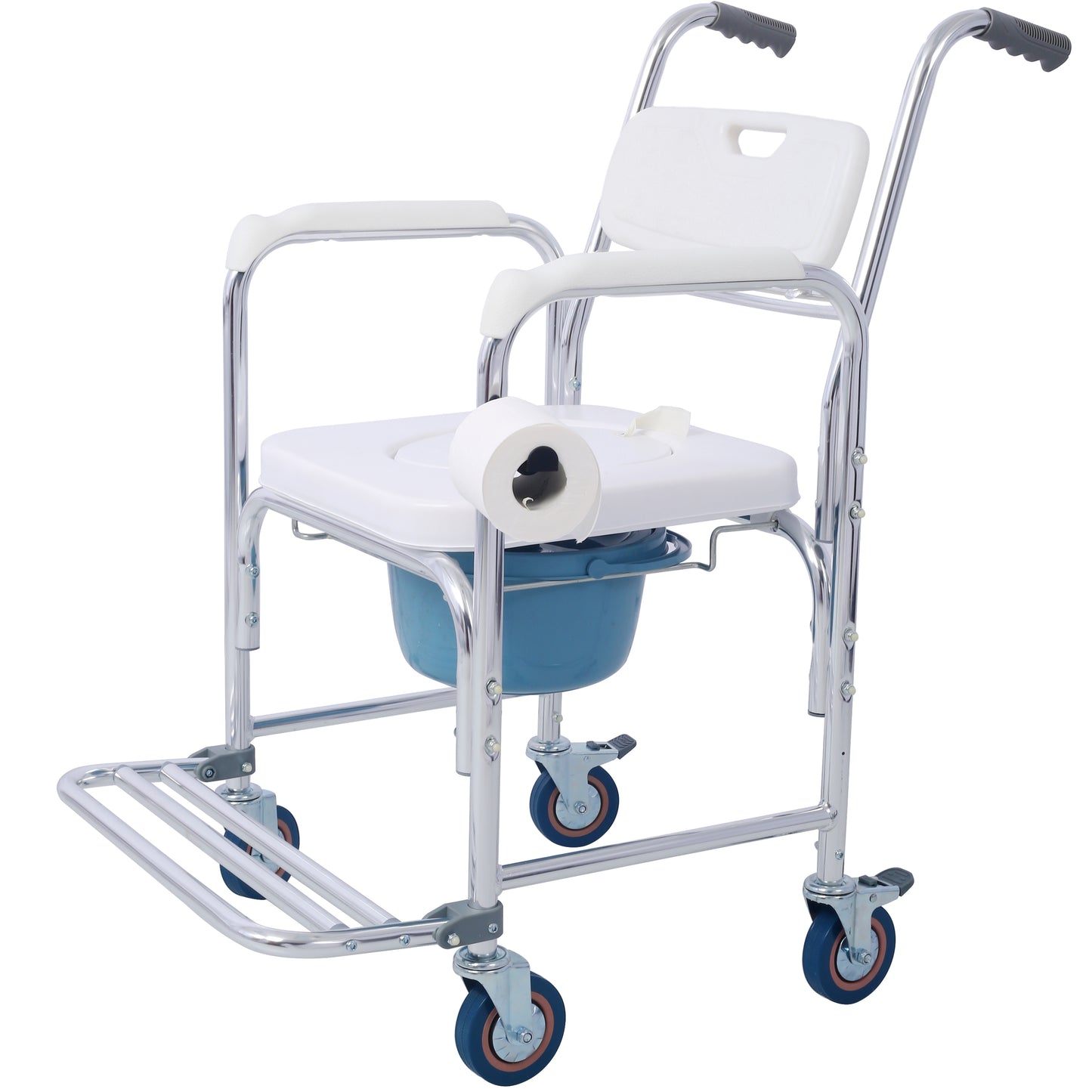 4 in 1 Bedside Commode Chair, Transport Shower Wheelchair Toilet Rolling Transport Chair with 4 Brakes Casters,Tissue Holder,Crutch Holder for Elderly Injured and Disabled