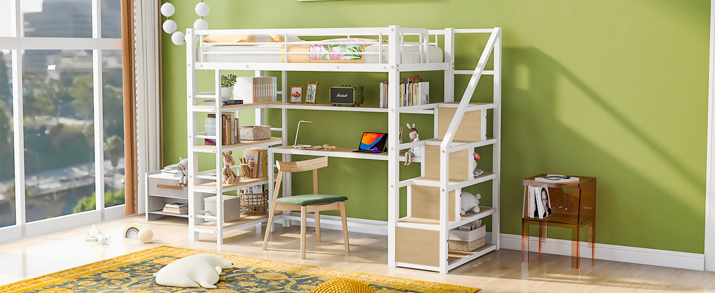 Twin Size Metal Loft bed with Staircase, Built-in Desk and Storage Shelves, White