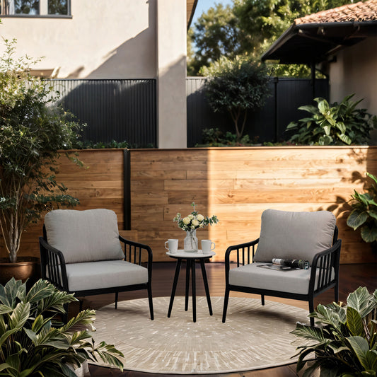 3-Piece Outdoor Porch Aluminum Patio Furniture with Modern Conversation/Chat Set, Sunbrella Cast Silver Cushions, and Round Side Table with White Carrara Marble-Look Sintered Stone Top  - Ember Black