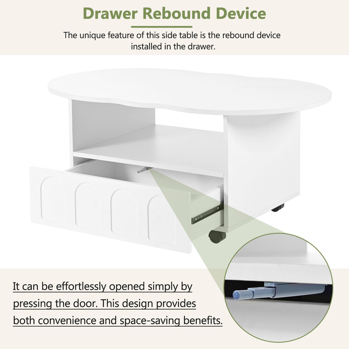 ON-TREND Flexible Cream Style Coffee Table with 2 Brake Wheels, Cloud Top Side Table with Drawer, Irregular Center Table with Large Storage for Living Room, White, 39.37''x 23.6''