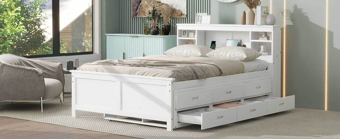 Full Size Platform Bed with Storage Headboard, USB, Twin Size Trundle and 3 Drawers, White