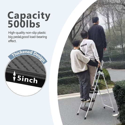 White four-step ladder, light folding four-step stool, wide anti-skid pedal and safety handle, strong steel ladder, multi-purpose ladder, applicable to family, kitchen, office elevator Livingsource