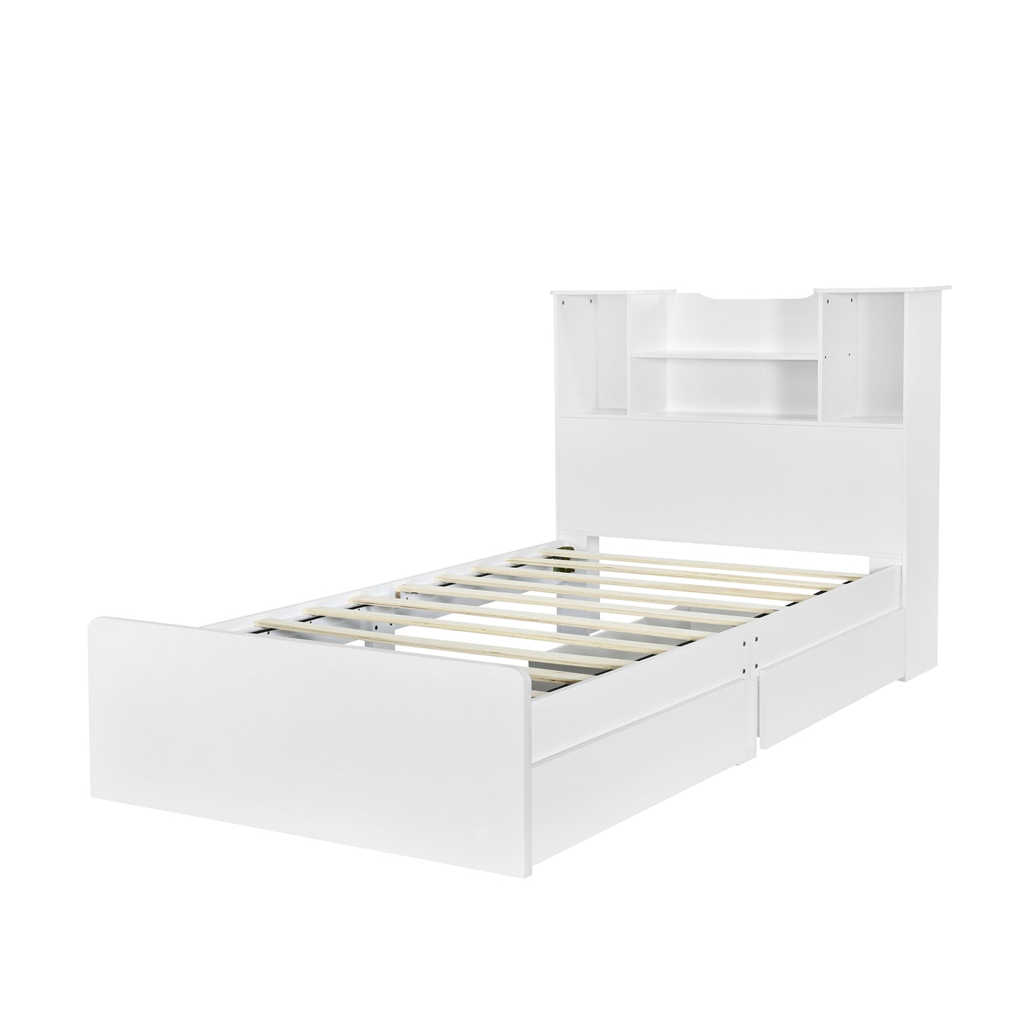 Twin Size Storage Platform Bed Frame with 4 Open Storage Shelves and 2 Storage Drawers,LED Light,White