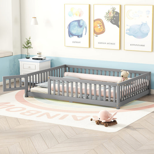 Full Size Bed Floor Bed with Safety Guardrails and Door for Kids, Gray(Old SKU: W158090691)