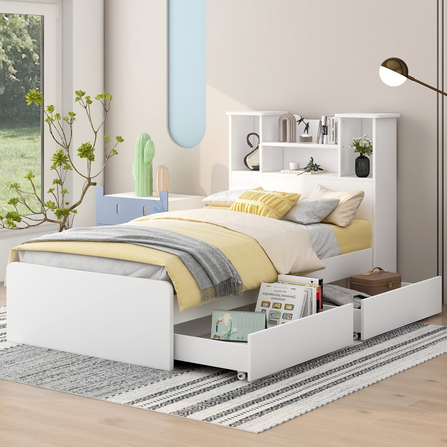 Twin Size Storage Platform Bed Frame with 4 Open Storage Shelves and 2 Storage Drawers,LED Light,White