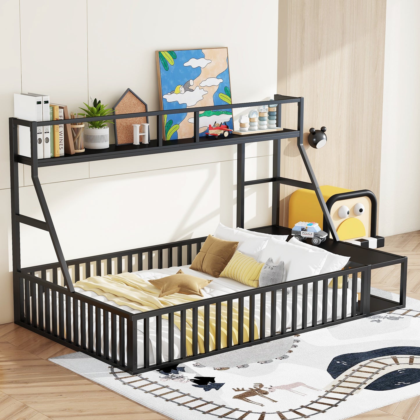 Full Size Floor Bed Frame with Safety Fence, Metal Floor Bed with Desk and Storage Shelves, Playhouse for Kids, Black