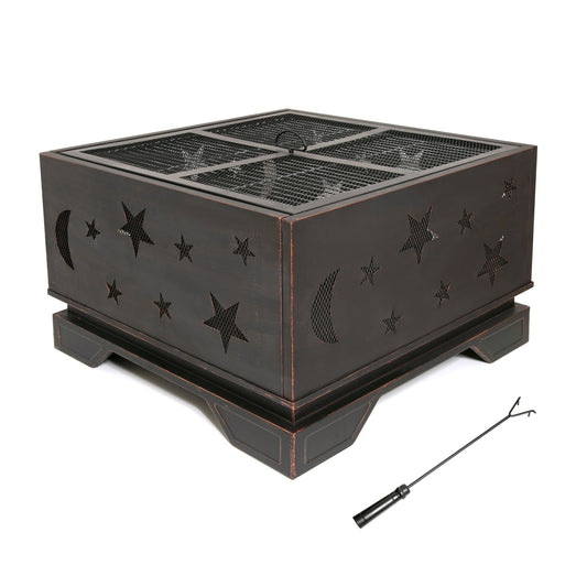 26 Inch Square Fire Pit with BBQ Grill, Outdoor Wood Burning Firepit with Poker, Large Burning Space Fireplace for Patio Garden Camping Backyard Picnic Bonfire Livingsource