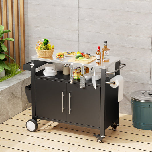 Two Doors Outdoor Grill Cart with Patio Furniture, Outdoor Grill Table with Storage,Rolling Bar Cart Outdoor BBQ Cart with  Hooks and Spice Rack for Grilling Accessories, Black SolidRoot Buy Furniture USA
