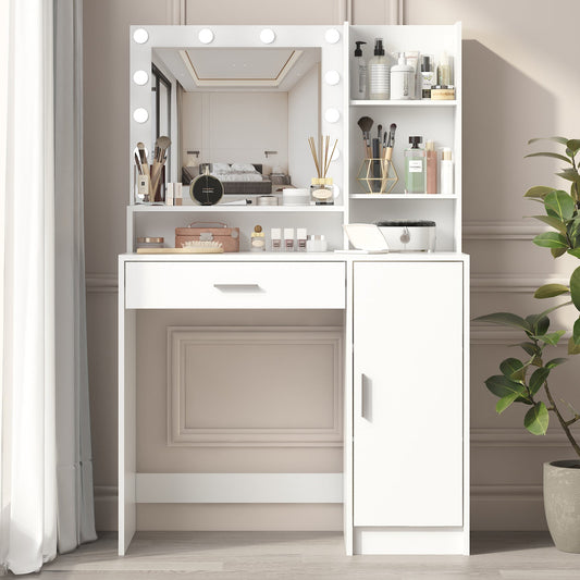 Vanity Desk with Mirror & Light, Large Drawer Three Level Storage Dresser, 3 Lighting Modes Adjustable Brightness, Bedroom Dressing Table(white) SolidRoot Buy Furniture USA