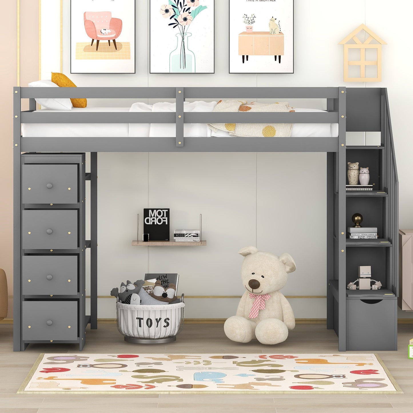 Twin size Loft Bed with Storage Drawers and Stairs, Wooden Loft Bed with Shelves - Gray