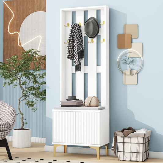 ON-TREND Modern Luxury 4-in-1 Hall Tree with Cushion, Versatile Coat Rack with 8 Gold Hooks and Legs, Entryway Bench with Adjustable Shelves & Fluted Doors for Hallway, Living Room, White, 23.6'*70.8' SolidRoot Buy Furniture USA