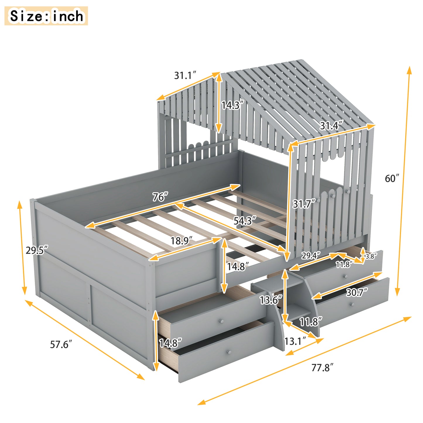 Full Size House Low Loft Bed with Four Drawers,Gray