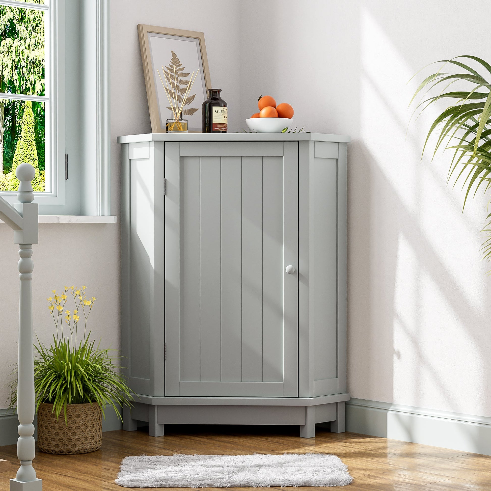 Grey Bathroom Cabinet Triangle Corner Storage Cabinet with Adjustable Shelf Modern Style MDF Board SolidRoot Buy Furniture USA