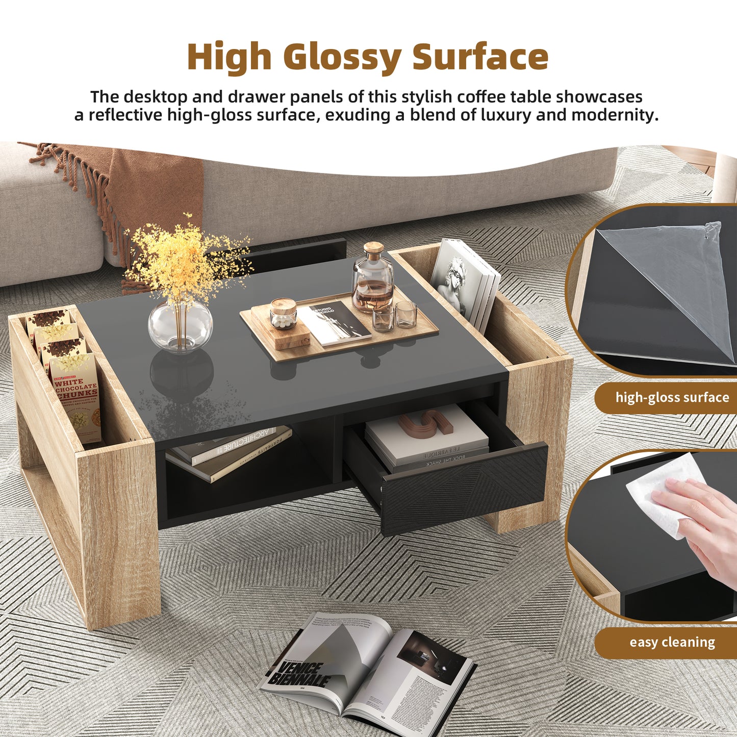 ON-TREND High Glossy Coffee Table with 2 Drawers, Practical Two Tone Center Table with Hidden Compartments, Rectangle Cocktail Table with Open Storage Shelf for Living Room, Bedroom, Black, 41.3*23.6"