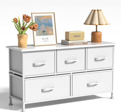 5 Drawers Dresser for Bedroom, Kidsroom Furniture, Wide Chest of Drawers, Storage Organizer Units with Fabric Bins for Closet, White, Metal Frame, Waterproof Wood Top, Adjustable Feet Livingsource