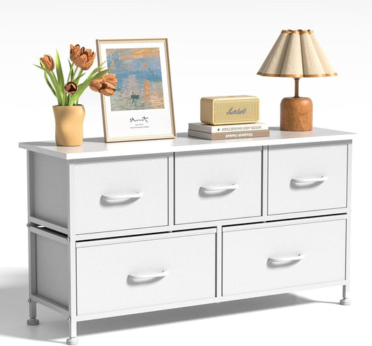5 Drawers Dresser for Bedroom, Kidsroom Furniture, Wide Chest of Drawers, Storage Organizer Units with Fabric Bins for Closet, White, Metal Frame, Waterproof Wood Top, Adjustable Feet Livingsource
