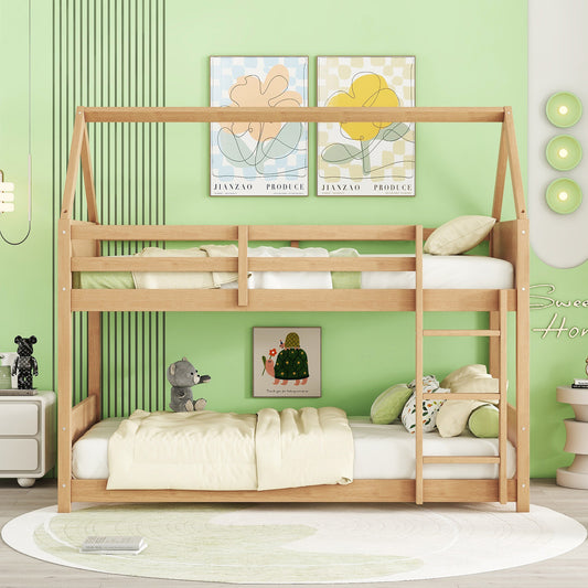 Twin Over Twin House Floor Bunk Bed with Headboards, Footboards and Guardrails, Ladder, Rubber Wood Bunk Bed with Safety Guardrails,White Oak SolidRoot Buy Furniture USA