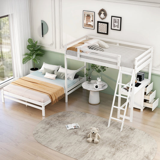 Twin over Full Bunk Bed with Built-in Desk and Three Drawers,White - SolidRoot Buy Furniture USA