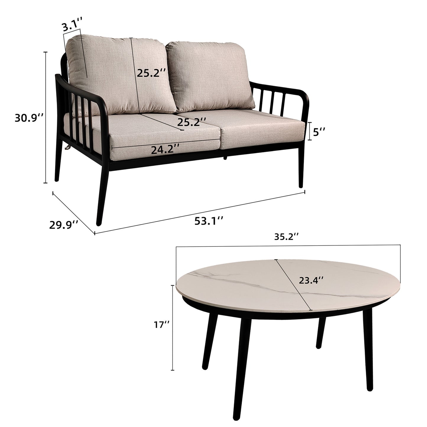 2PC Outdoor Aluminum Patio Furniture, Modern Loveseat Sofa Conversation/Chat Set, Sunbrella Cushions and Oval Coffee Table with White Carrara Marble-Look Sintered Stone Top, Ember Black