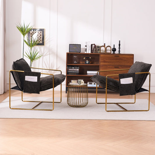 2 Chairs in 1 Box, Upholstered Hanging Armchair with Arm PocketsMetal frame, gold-plated craftsmanship, crushed foam cushions and skin-friendly woven fabric for living room and bedroom. Dark Gray Livingsource