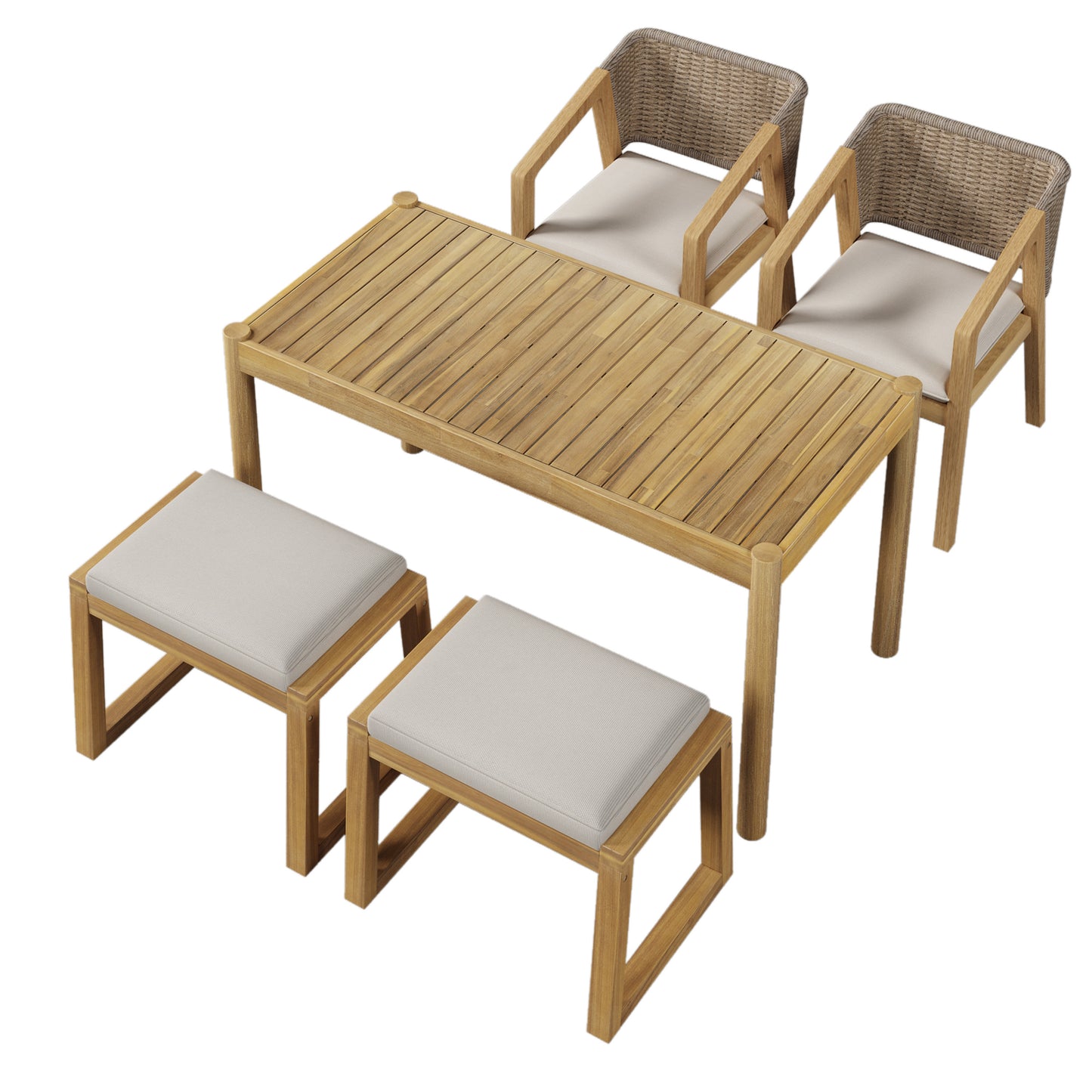 Acacia Wood Outdoor Dining Set of 5, Patio Dining Furniture Set with 1 Table 2 Benches 2 Chairs, Teak and  Beige