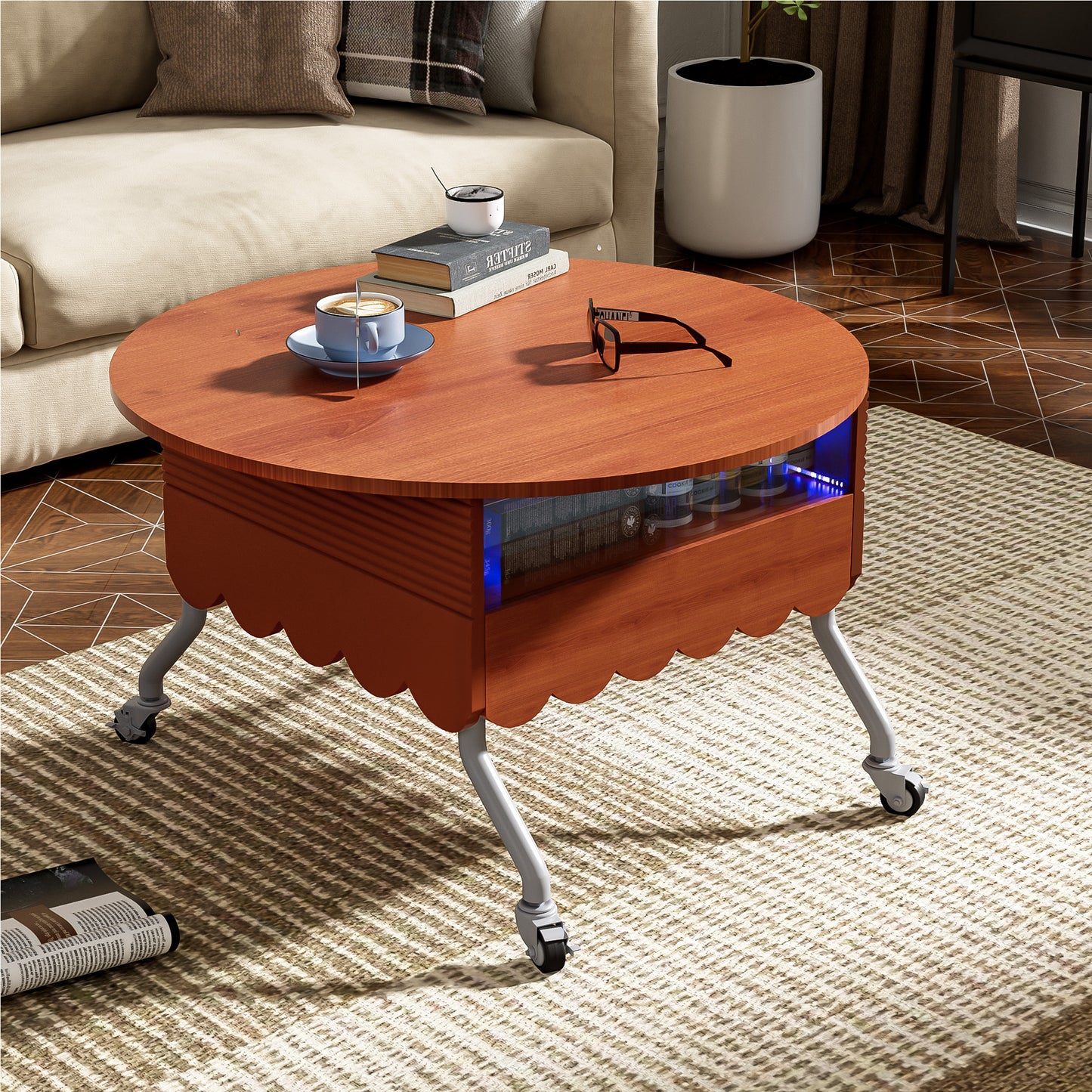 Round Lift-Top Coffee Table with Wheels, Metal Frame and Multi-Color Lighting in 27.6"