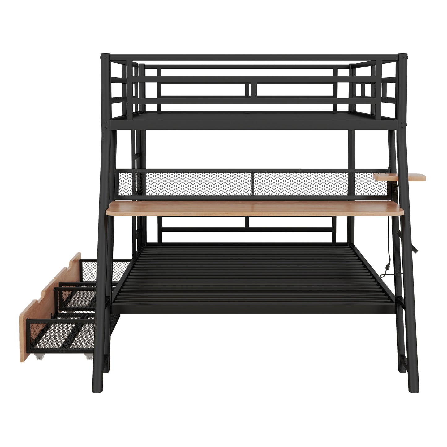 Full Size Metal Bunk Bed with Built-in Desk, Light and 2 Drawers, Black