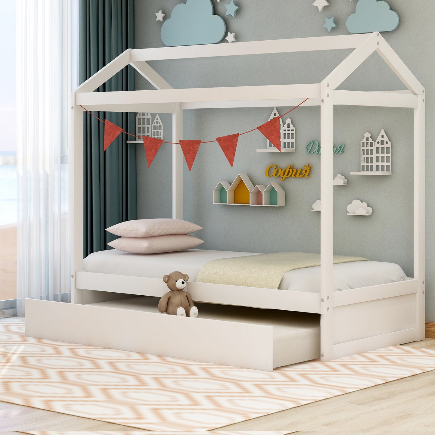 House Bed with Trundle, can be Decorated,White(Old SKU:SM000103AAK)