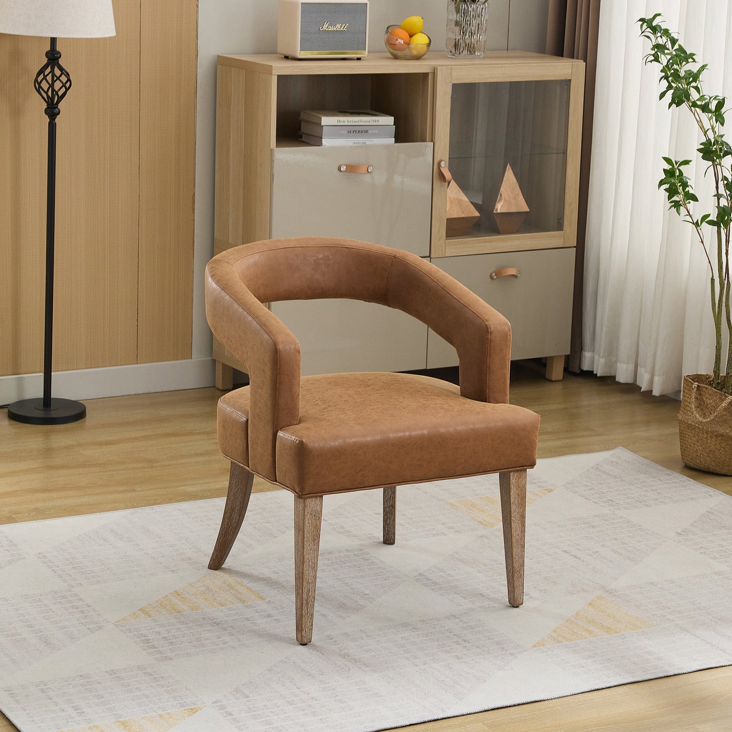 25.79' Wide Modern Barrel Open Back Accent Chair with Wooden Legs for Dining Room, Club, Kitchen and Living Room. Brown PU SolidRoot Buy Furniture USA