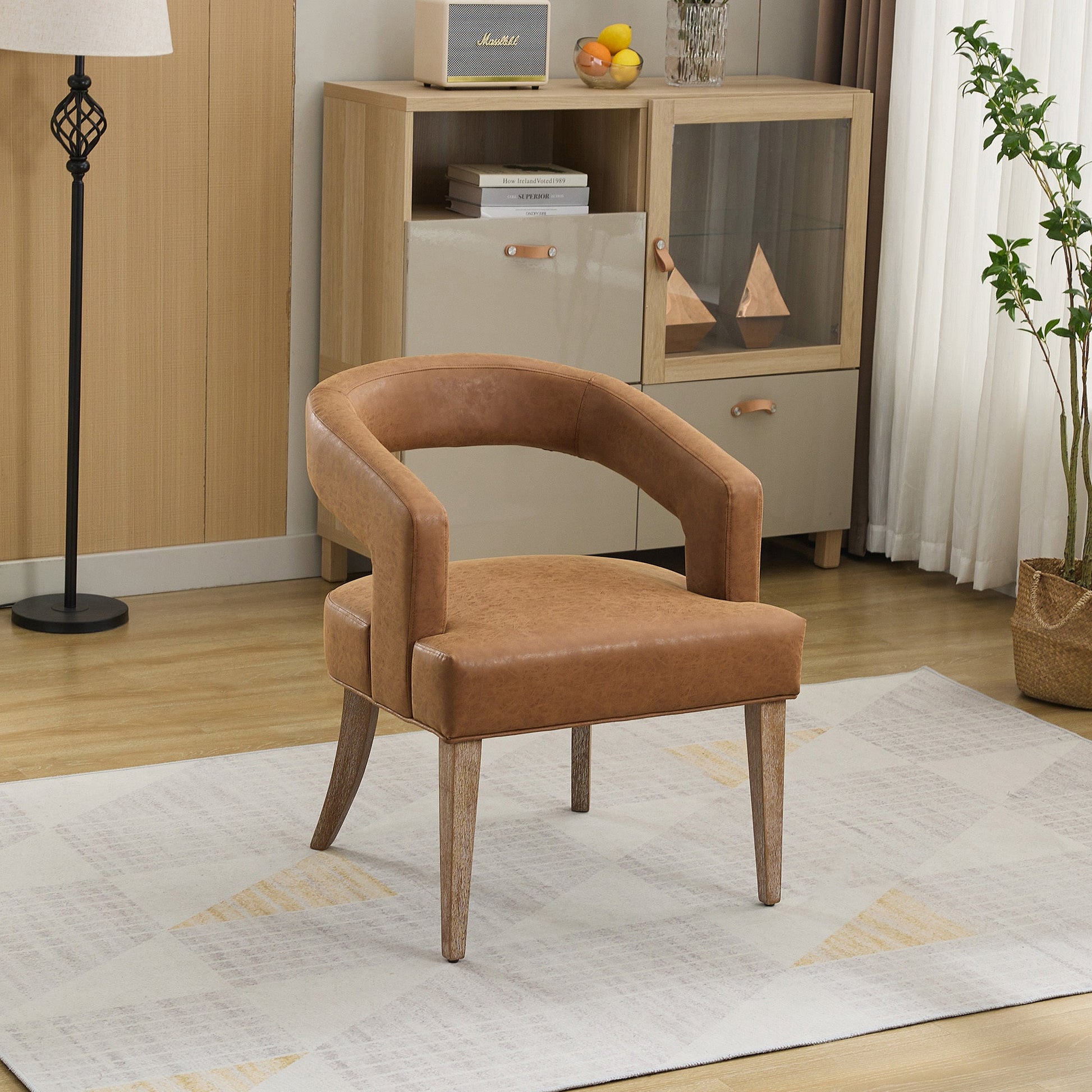 25.79' Wide Modern Barrel Open Back Accent Chair with Wooden Legs for Dining Room, Club, Kitchen and Living Room. Brown PU SolidRoot Buy Furniture USA
