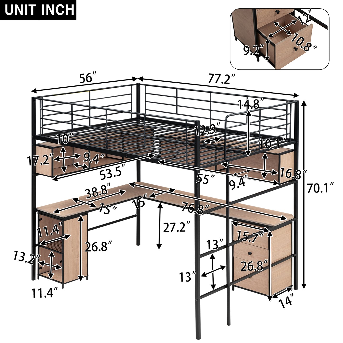 Metal Loft Bed with bookcase, desk and cabinet, Full, Black